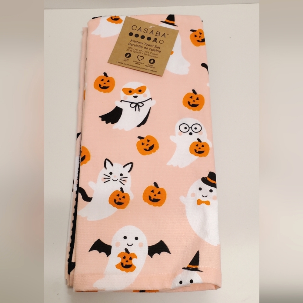 Halloween Pink Ghost Cat Pumpkin Cotton Kitchen Towel Set of 3 NEW